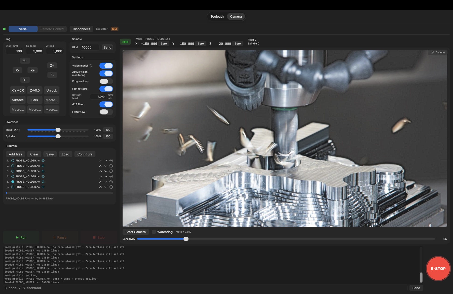 GCode Sentinel Camera tab watching a spindle cutting aluminum, chips flying, with motion watchdog and sensitivity controls
