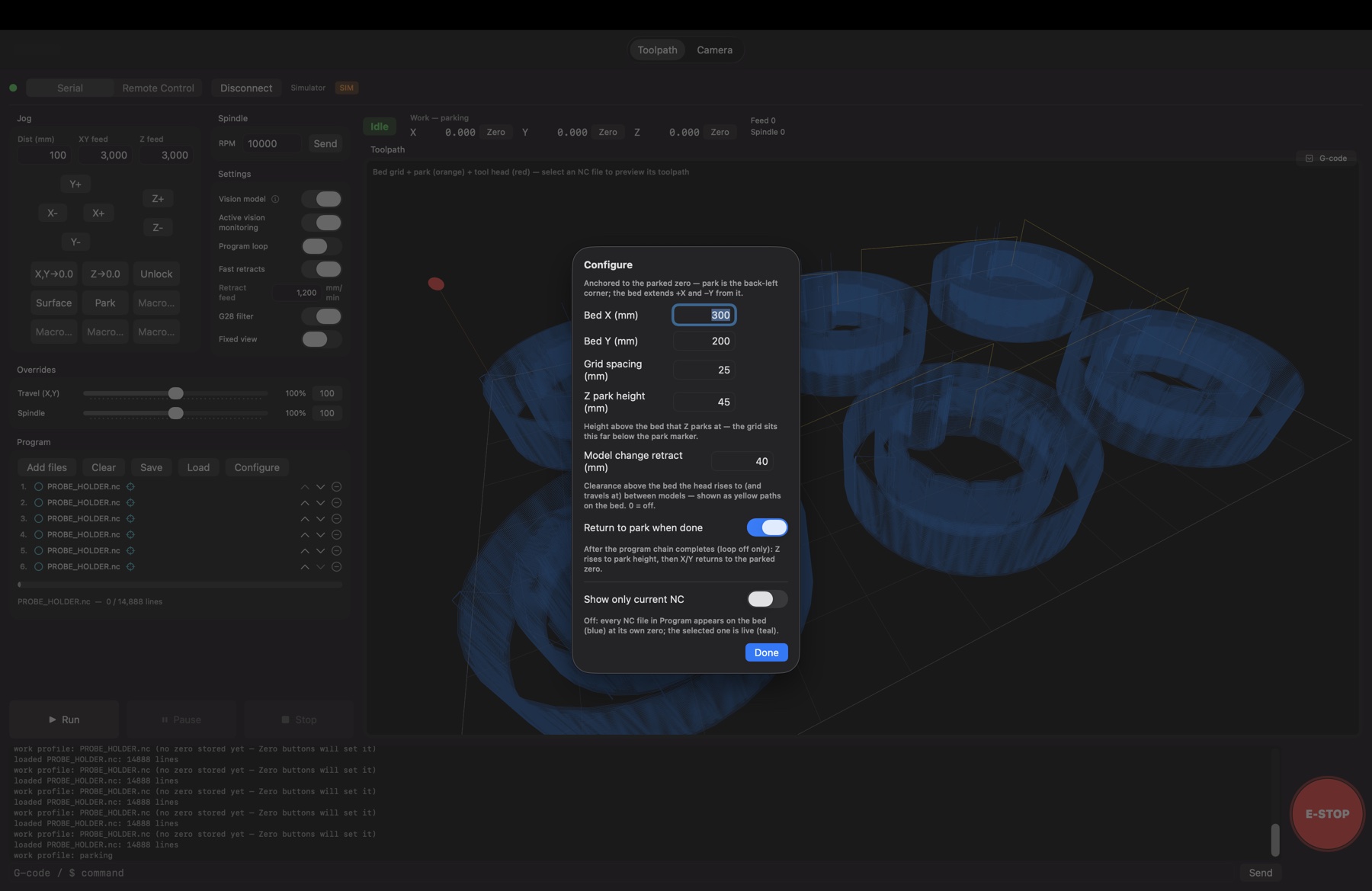 Configure sheet: bed size, grid spacing, Z park height, model-change retract clearance, return to park when done