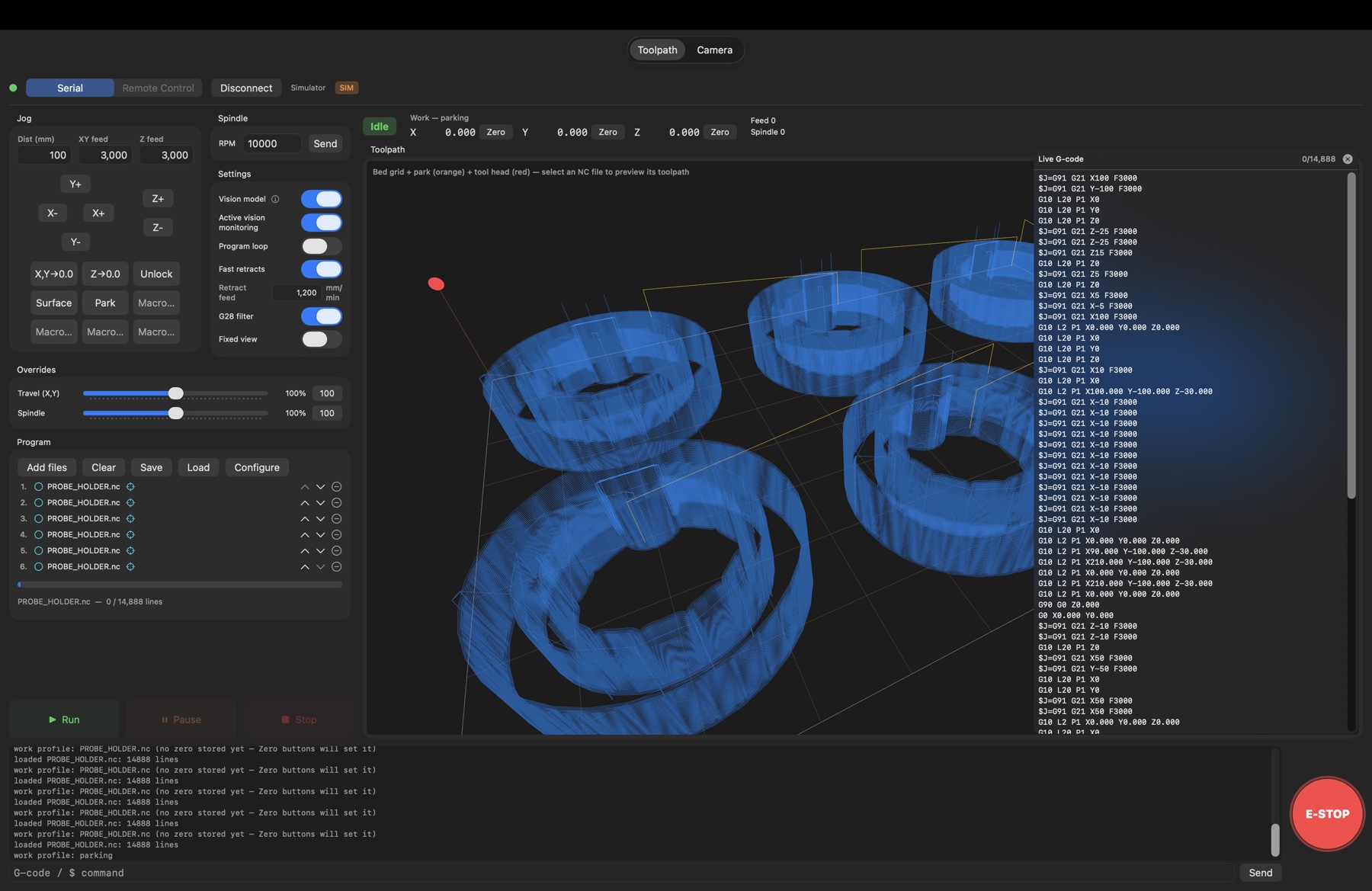 Live G-code panel streaming jog, G10 work-offset and program lines alongside the 3D nested toolpaths