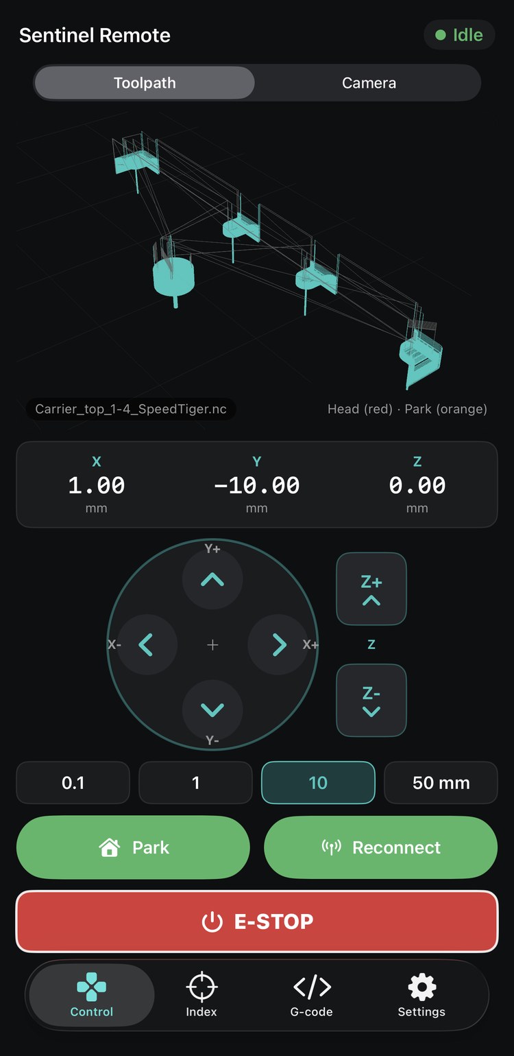 Sentinel Remote on iPhone: the 3D toolpath of a four-part program, live X Y Z readout, a circular jog pad with Z buttons, step-size selector, Park and Reconnect buttons and a full-width E-STOP