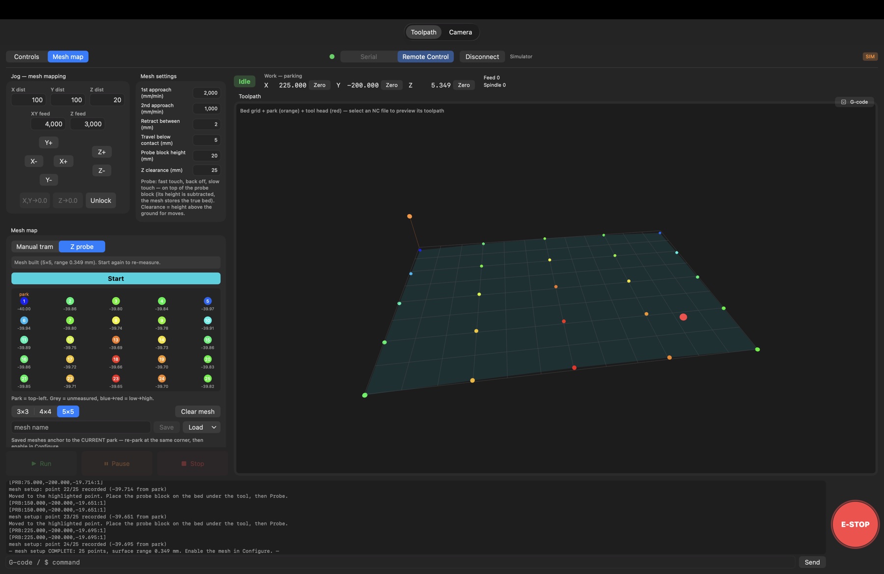 GCode Sentinel mesh mapping: a guided 5×5 Z-probe grid with measured heights and a heat-mapped 3D surface of the real bed