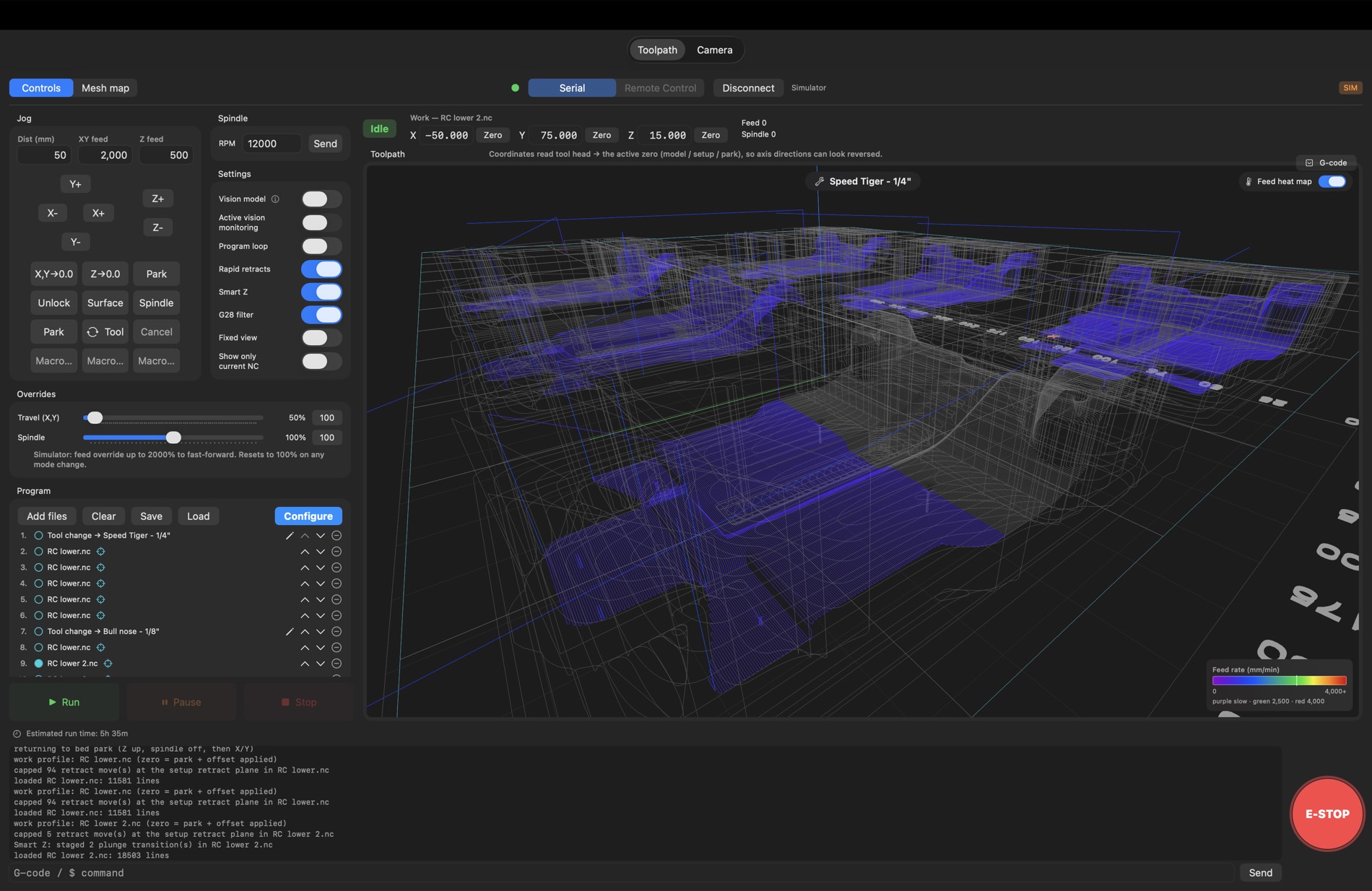 GCode Sentinel toolpath: a multi-part program where already-cut paths are greyed out and the work from the chosen restart point onward stays coloured by feed