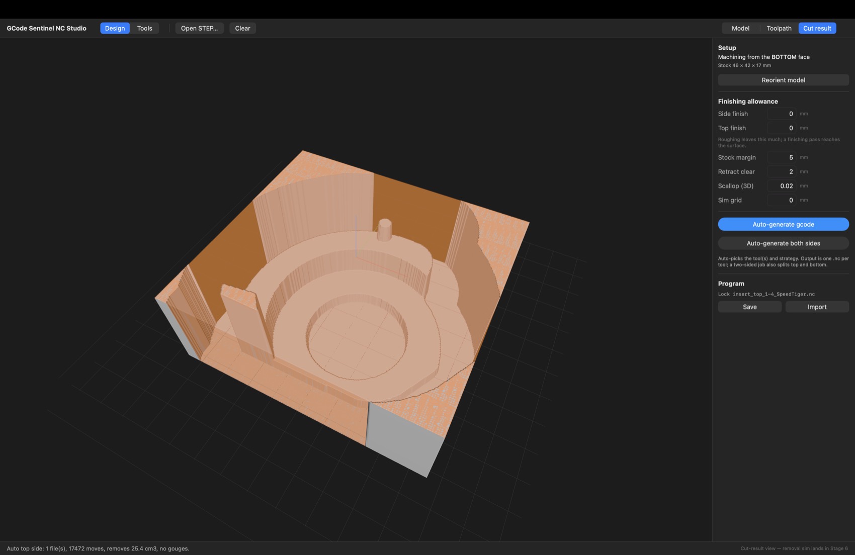 NC Studio Cut result view: the removal simulation showing the finished part carved out of the stock