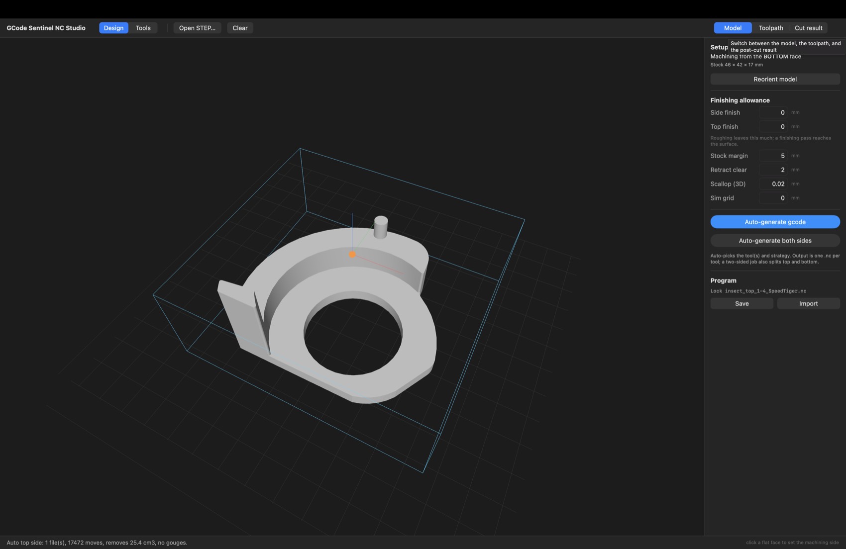 NC Studio Model view: the .STEP part sitting inside its stock blank