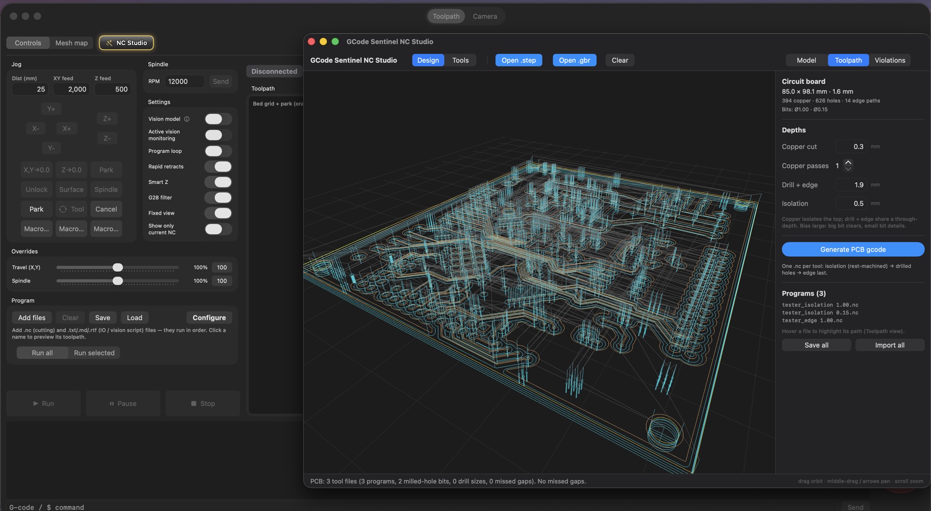 GCode Sentinel NC Studio PCB milling view: a circuit board's copper isolation, holes and edge toolpaths generated from a Gerber, with a Violations tab and a per-tool program list