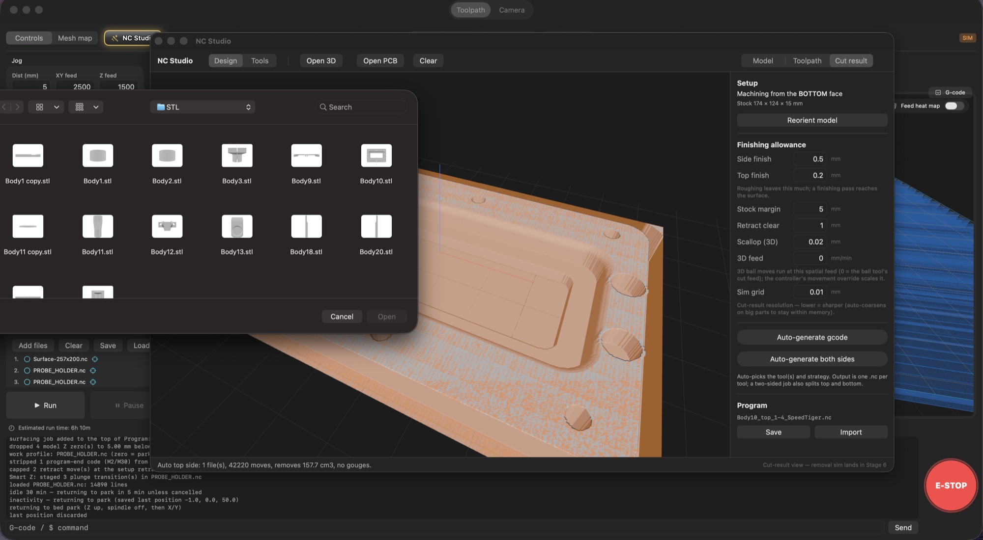 NC Studio's Open 3D dialog listing STL body files, in front of a finished cut-result simulation of a converted mesh part, launched on top of the GCode Sentinel controller