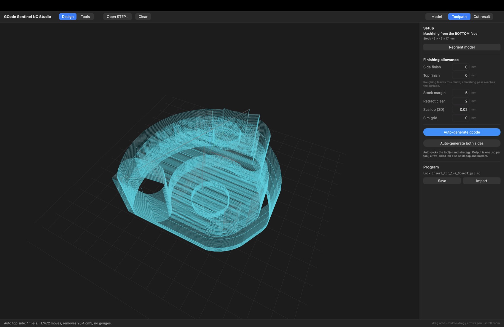 NC Studio Toolpath view: every move the generated program will make, drawn in 3D