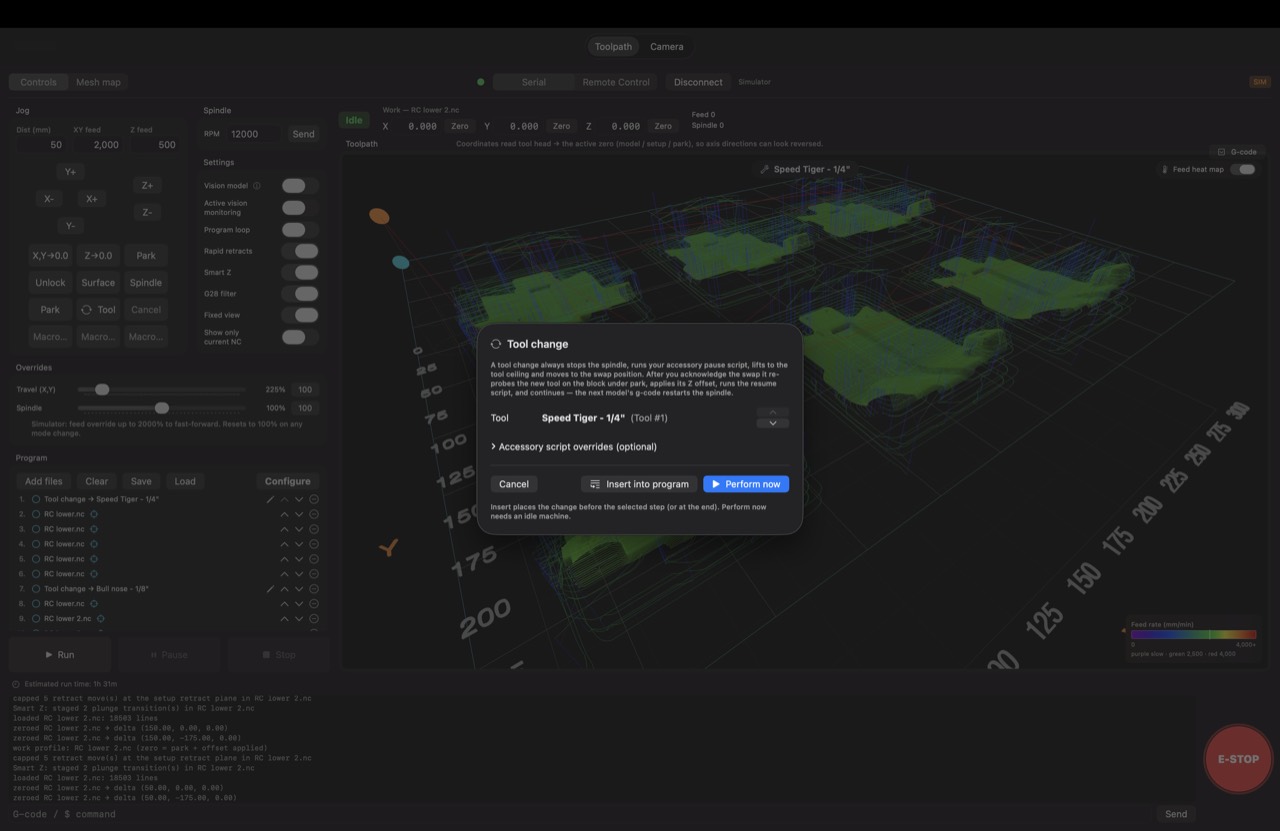 GCode Sentinel tool-change dialog: stops the spindle, runs the pause script, lifts and moves to the swap position, then re-probes the new tool and applies its Z offset before continuing